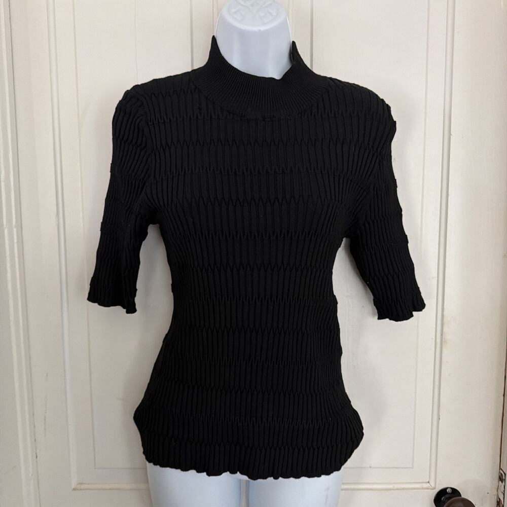 Elie. By Elie Tahari Black Ribbed Mock Neck Sweater Elbow Large Stretch Knit Top